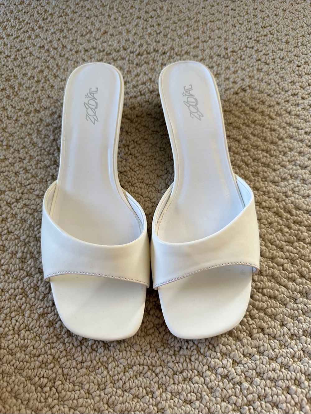Zodiac White Square Toe Slide Sandals Low Block Heel